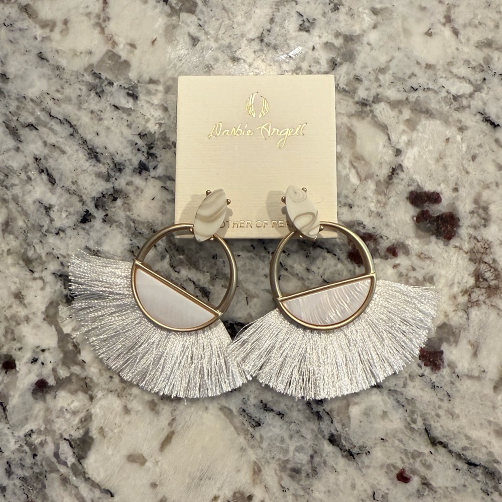 White Fringe Hoop Earrings | Gold Half Moon Statement Jewelry